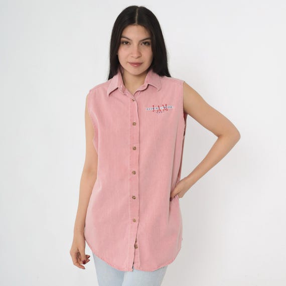 Vintage Pink Denim Sleeveless Shirt 2001 Country Jam USA Music Festival Embroidered Button Front Western Top Y2K Au Claire Wisconsin Large L