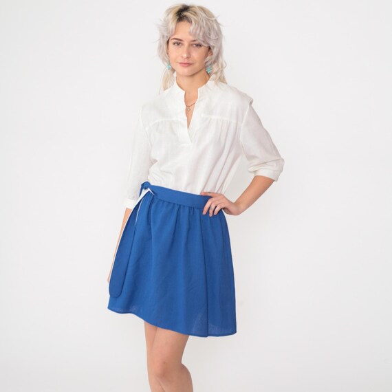 80s Two-Tone Mini Dress Vintage Royal Blue White Color Block Dress 1980s Slit Neck 1980s 3/4 Sleeve High Waist Belted Plain Medium M