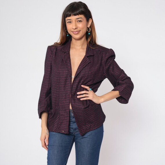 Metallic Checkered Blazer 90s Open Front Blazer Jacket Pink Black Checkered Sparkly Wool Blend Formal Cocktail Party Vintage 1990s Large L
