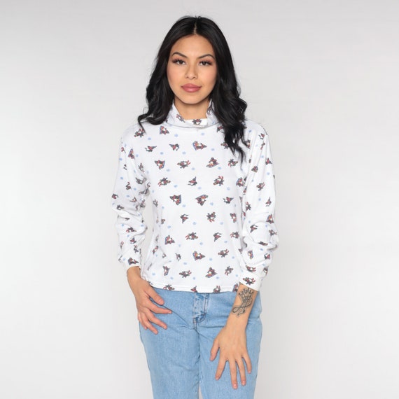 Snowflake Penguin Shirt 00s Long Sleeve Top Snow T Shirt White Winter Christmas Print Mock Neck Turtleneck Holiday Shirt Vintage Large L