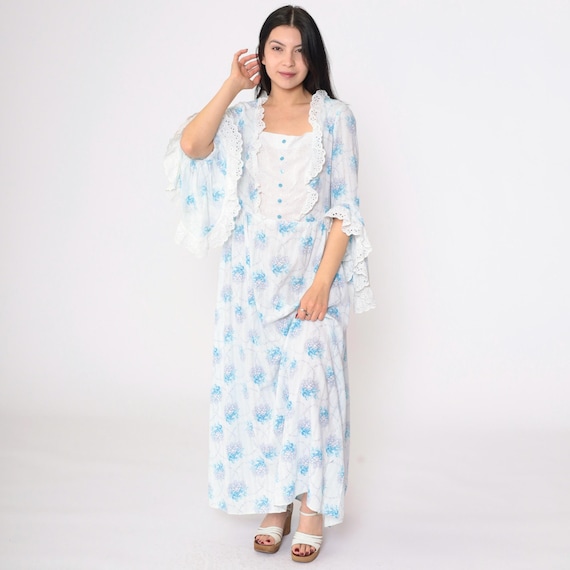70s Floral Prairie Dress Vintage Boho Bell Sleeve Maxi White Blue Bohemian High Waisted 1970s Cottagecore Lace Ruffle Bib Medium Large