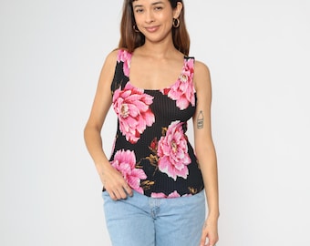 Floral Popcorn Tank Top Y2K Black Pink Texture Blouse Stretchy