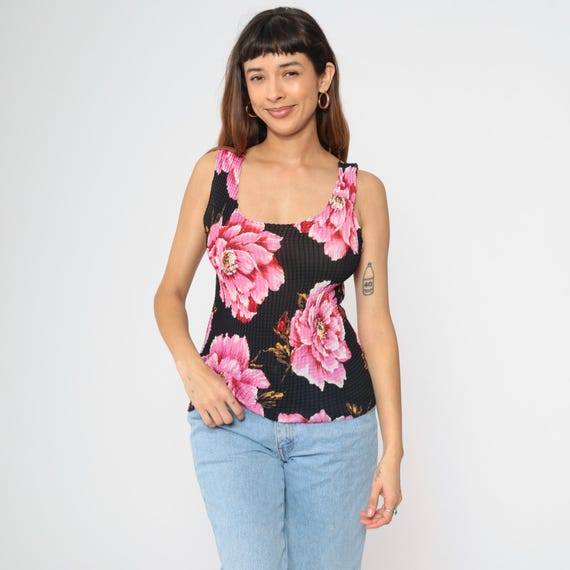 Floral Popcorn Tank Top Y2K Black Pink Texture Blouse Stretchy Boho Sleeveless Shirt Flower Print Summer Vintage 00s Medium M