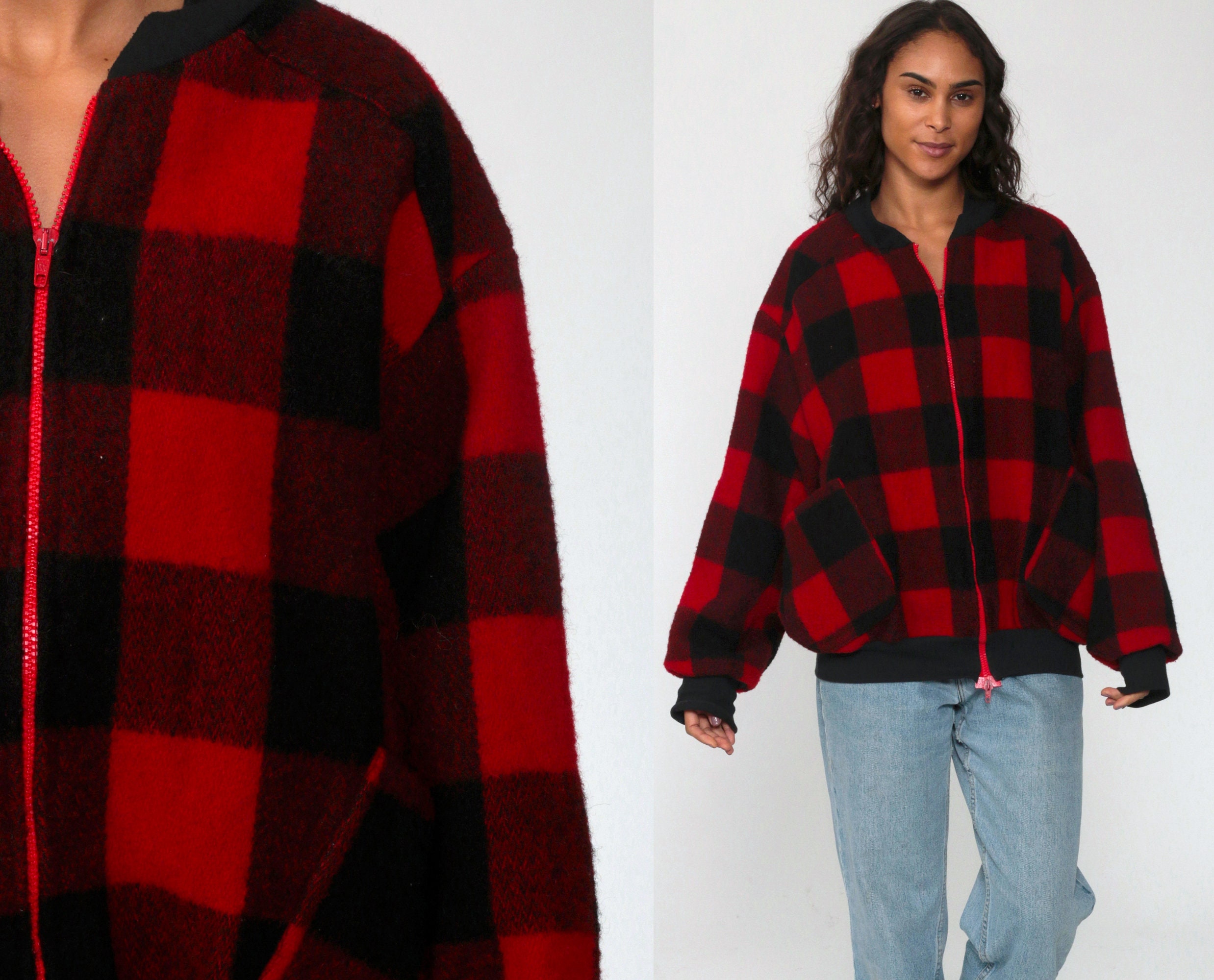 Plaid Wool Jacket 90s Red Wool BUFFALO PLAID Bomber Jacket