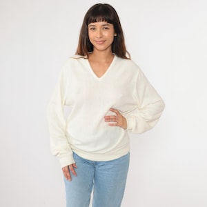 Vintage White Sweater 80s V Neck Knit Pullover Sweater Slouchy Plain Basic Simple Knitwear Jumper 1980s Large L
