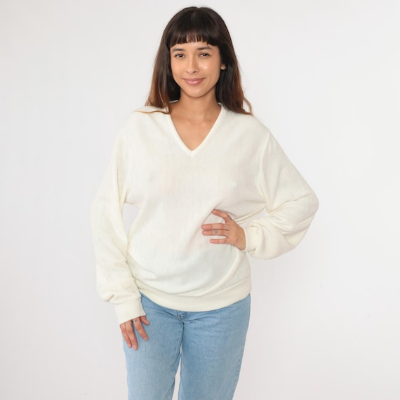 Vintage White Sweater 80s V Neck Knit Pullover Sweater Slouchy Plain Basic Simple Knitwear Jumper 1980s Large L