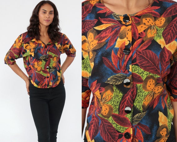 Tropical Floral Blouse 80s Button Up Shirt Crop Top Shirt Jungle Shirt 3/4 Sleeve Top Vintage Button Up Cropped Top Small Medium
