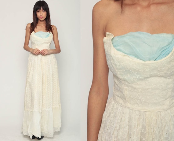 Strapless Prom Dress EYELET LACE 50s Party Wedding Cocktail Cream Lace Shelf Bust Dress Maxi 1950s Formal Evening 60s Vintage Extra Small xs