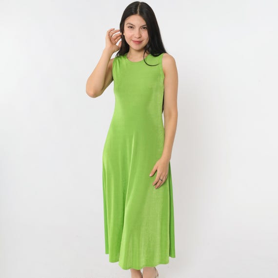 90s Bright Green Bodycon Dress Party Dress Stretchy Body Con Vintage Tank Dress Midi 1990s Club Plain Sleeveless Small Medium
