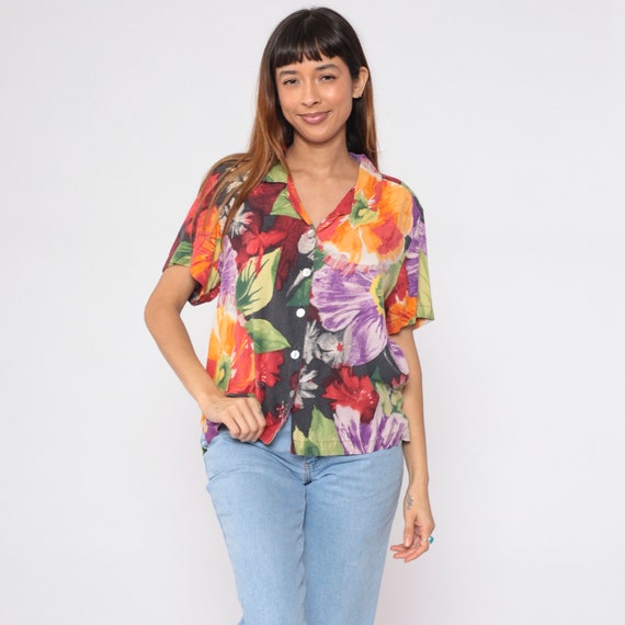 Watercolor Floral Blouse Y2K Silk Shirt Button up… - image 2