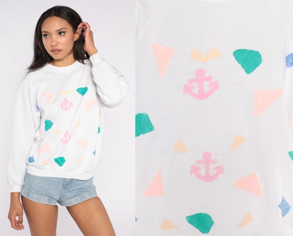 Hand Painted Sweatshirt 80s White Raglan Sleeve Sweater Novelty Anchor Stamp Print Nautical Shirt Pastel Vintage Retro 1980s Kawaii Large