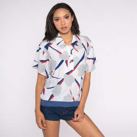 Floral Polo Shirt Abstract Button Up Shirt White Blue Floral Blouse 80s Top Short Sleeve Shirt Bohemian Vintage Oversized Small S