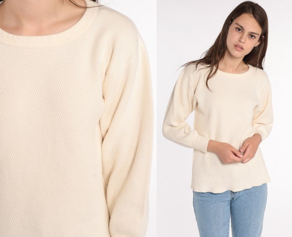 Vintage Thermal Shirt Cream Undershirt Long Sleeve Shirt Plain Shirt 80s T Shirt Retro Tee Vintage Tshirt 70s Basic Medium Large