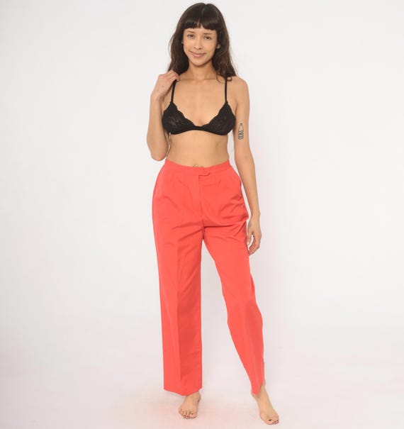 80s Salmon Trousers Cotton Koret Straight Leg Pants Coral High Waisted Slacks Elastic Back Patch Pocket Vintage Women Small To Medium S M