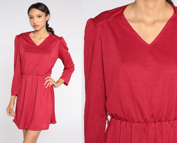 80s Puff Sleeve Dress Cherry Red Dress Mini Dress Secretary Striped V Neck Puffy High Waist 1980s Vintage Long sleeve Minidress Small Medium