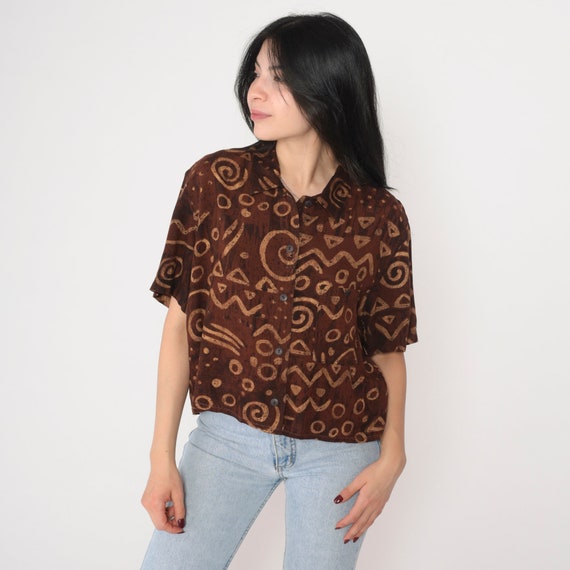 Abstract Print Shirt 90s Button up Blouse Triangle Swirl Squiggle Print Top Short Sleeve Collared Boho Grunge Hippie Vintage 1990s Medium M