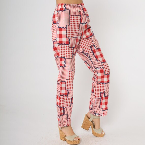 70s Patchwork Pants Red Gingham Check Vintage Hig… - image 5
