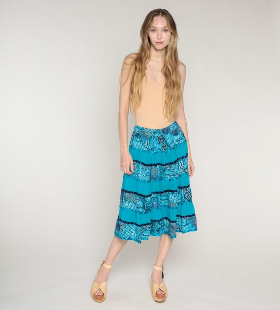 Blue Tiered Skirt Y2k Midi Skirt Abstract Animal Print Ribbon Trim Hippie Skirt Flowy Festival Summer Cotton Vintage 00s Small Medium Large