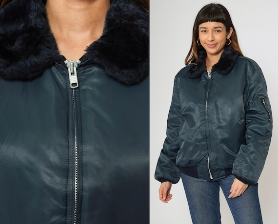 Vintage Dickies Flight Jacket 90s Navy Blue Bomber Quilted Faux