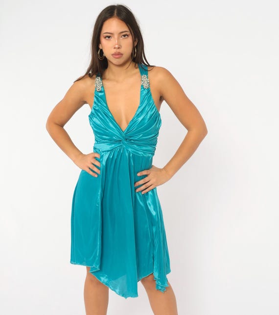 Y2K Teal Party Dress Rhinestone Strap Plunge V Neck Cross Back Ruched Handkerchief Hem Blue Prom Cocktail Sleeveless Formal Vintage Small S