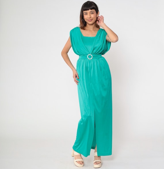 70s Grecian Gown Teal Draped Maxi Dress Rhinestone Buckle Front Slit Square Neck Disco Evening Formal Mary Martin Satin Medium M