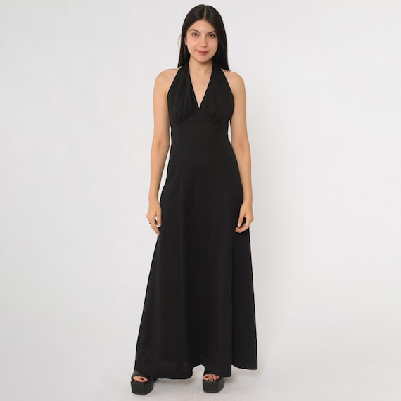 Black Halter Gown 70s Prom Dress Backless Length Formal Eveningwear Whimsigoth Grunge Gothic Party Elegant Sleeveless Open Back Small S