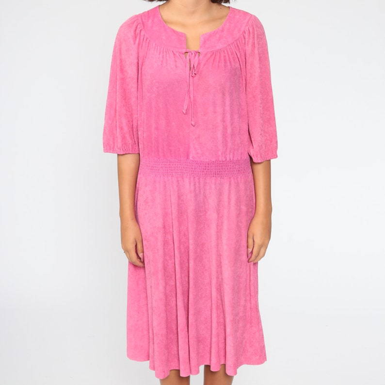 70s Bohemian Dress Pink PEASANT Boho Midi Dress 1970s Festival Vintage Long Sleeve Hippie High Waisted Dress Large xl