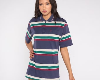 80s Striped Polo Shirt Navy Green Burgundy Cream Short Sleeve Collared Top Penguin Club Logo Pocket Preppy Casual Tennis Golf Retro Medium M
