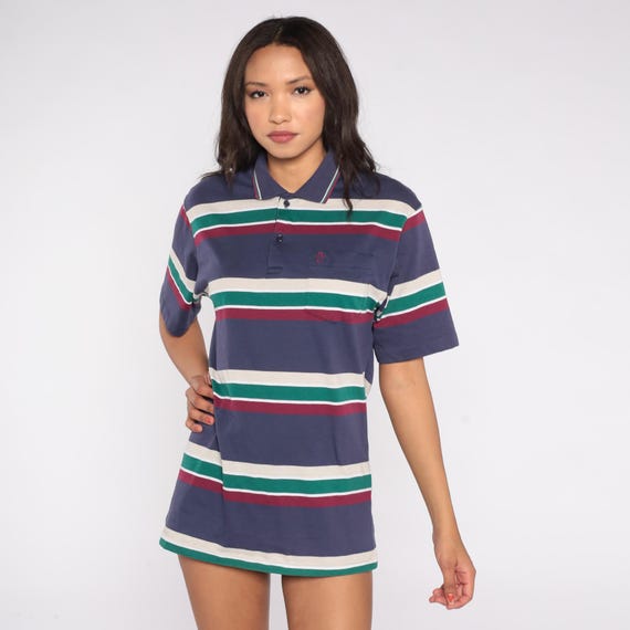 80s Striped Polo Shirt Navy Green Burgundy Cream Short Sleeve Collared Top Penguin Club Logo Pocket Preppy Casual Tennis Golf Retro Medium M