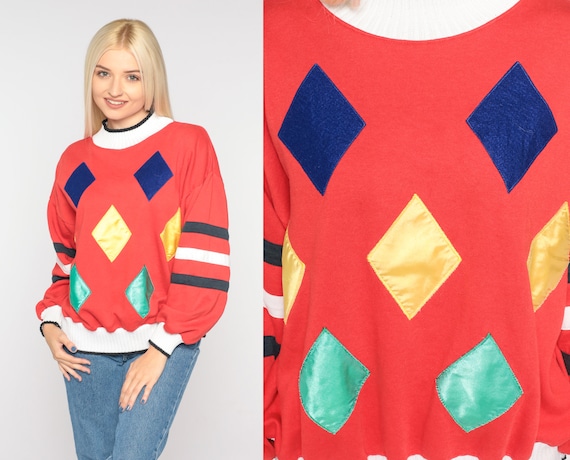 Diamond Print Sweatshirt 90s Red Pullover Crewneck Geometric Harlequin Retro Knit Crewneck Novelty Statement Vintage 1990s Small S