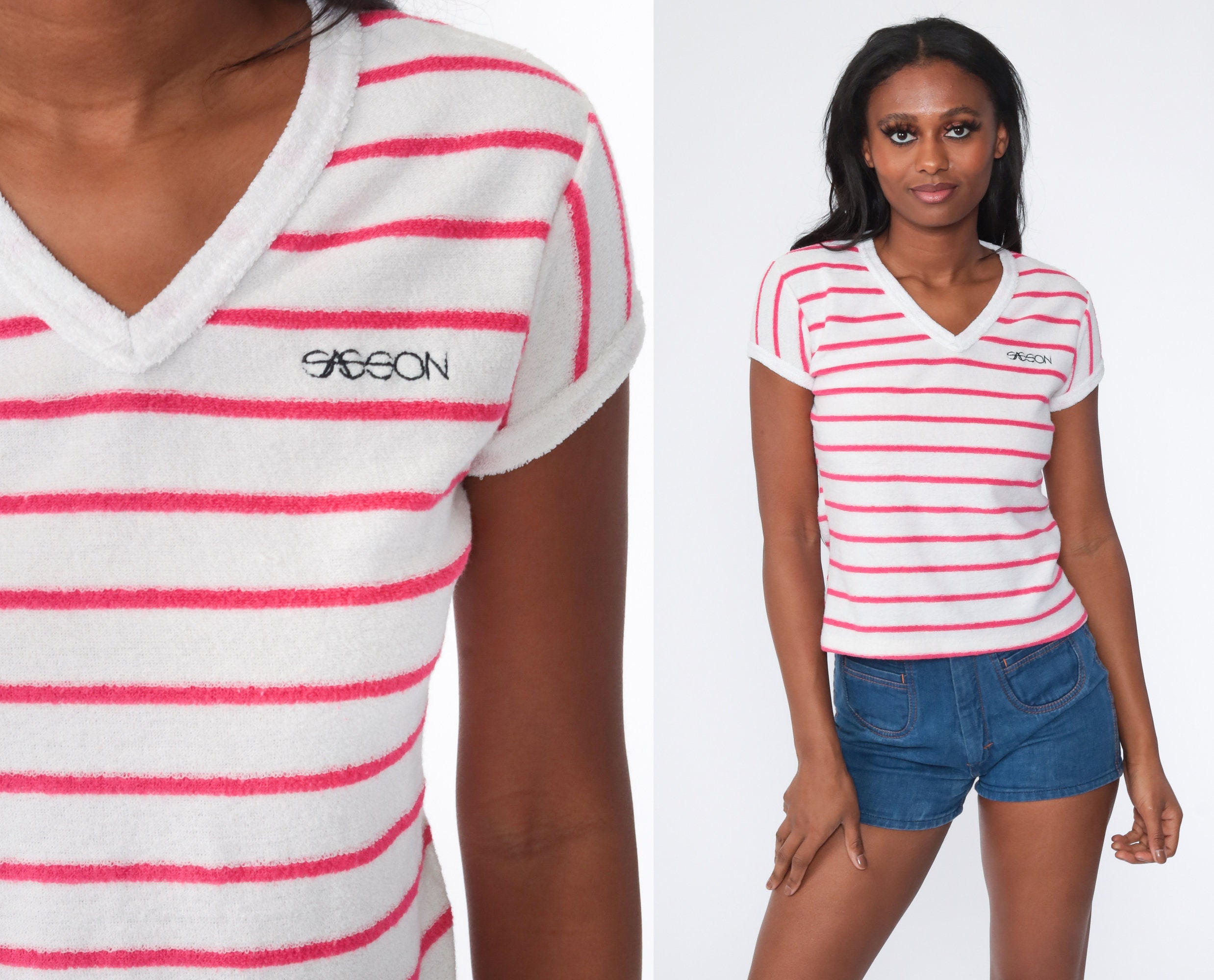 Terry Cloth Shirt Sasson STRIPED Pink White Shirt 80s Retro V Neck T ...