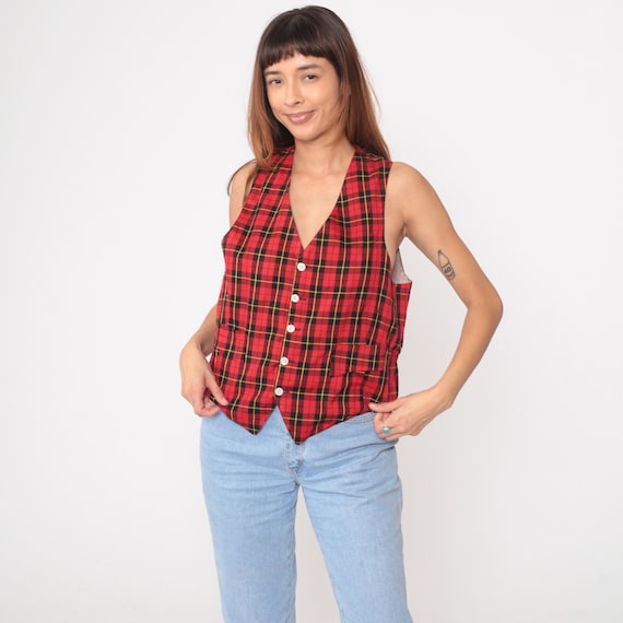 80s Plaid Vest Red Black Sleeveless V Neck Tartan Waistcoat Cotton Fitted Tailored Classic Vintage Preppy Academic Collegiate Small S