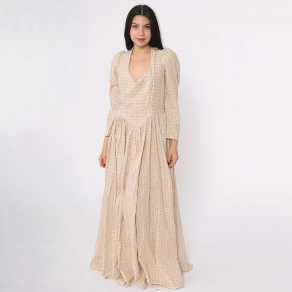 70s Floral Prairie Dress Vintage Beige Boho Maxi Dress Calico Puff Sleeve 1970s Hippie Bohemian Cottagecore Long Basque Waist Large 12