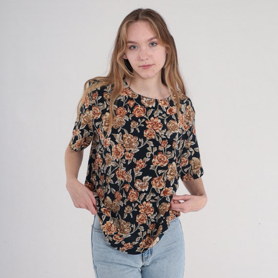 Black Floral Shirt 90s Blouse Retro Flower Print Top Short Sleeve Bohemian Hippie Summer Botanical Artsy Red Orange Vintage 1990s Large L