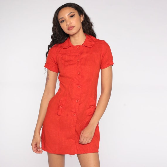 Peter Pan Dress Red 60s Mod Mini COLLAR Pencil Dress Pockets Plain Retro Sheath High Waisted Vintage Sixties Short Sleeve Button Up Small S