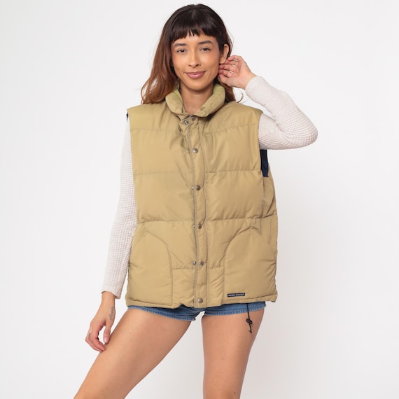90s Down Puffer Khaki Tan Gorpcore Outdoor Hiking Goose Fill Snap Button Front Navy Lining Winter Layering Vintage Mountain Gear Large L