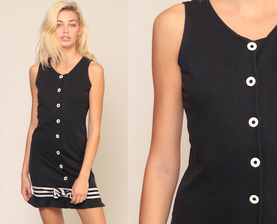 Black Mini Dress 80s Button Up Vintage BOW Dress White Striped Sleeveless LBD Sheath Little Black Dress Grunge Extra Small xs