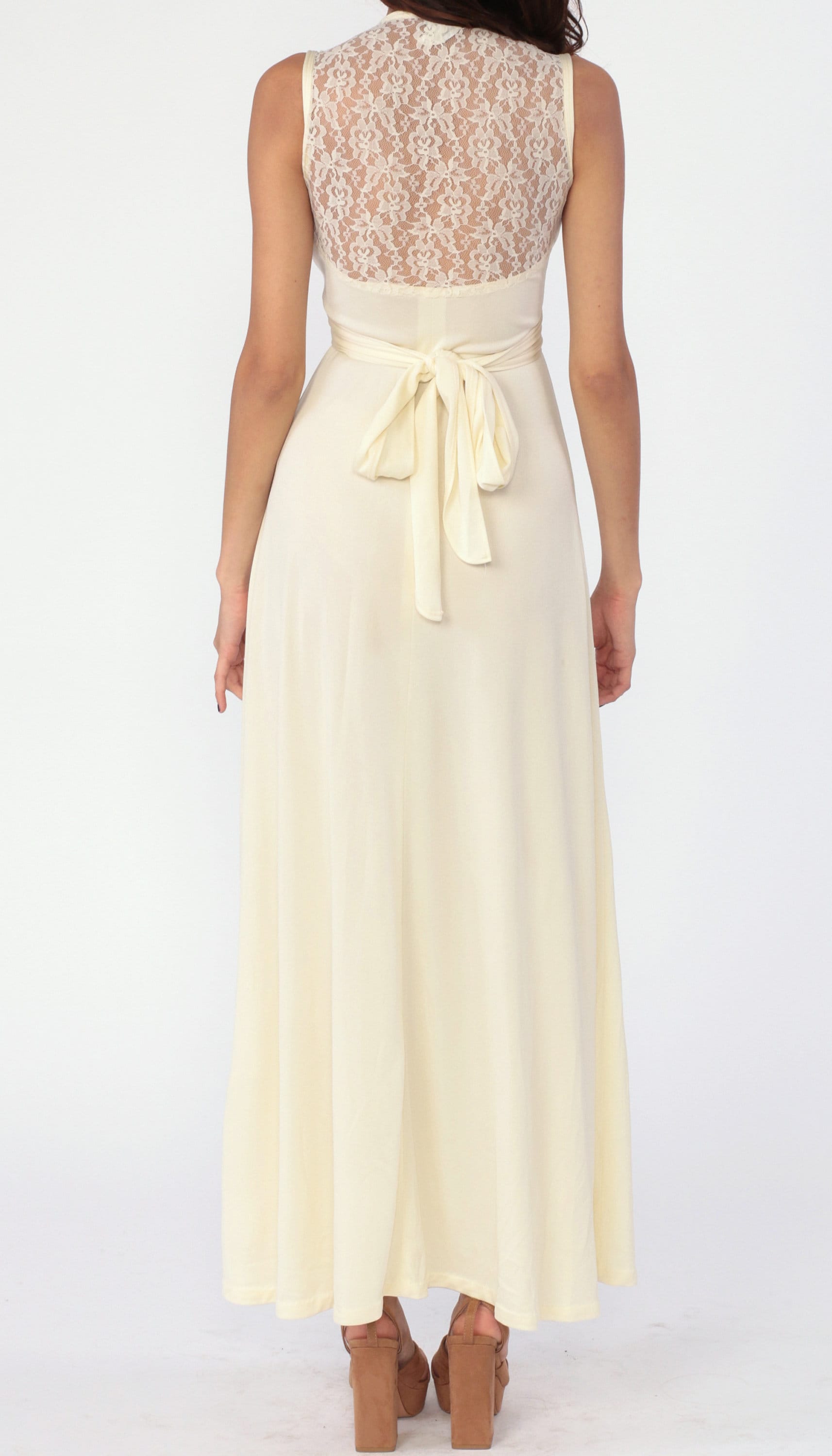 Long Bohemian Dress 70s Maxi WRAP Cream Lace Grecian Gown Etsy