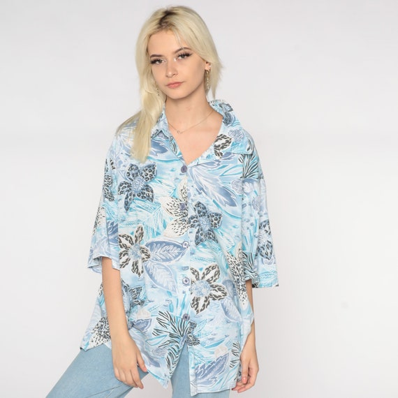 Vintage Tropical Floral Shirt 90s Blue Hawaiian Button Up Blouse Retro Surfer Vacation Short Sleeve Flower Print 1990s Tourist Top 3xl xxxl