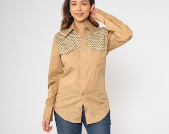70er Jahre Westernhemd Paisley Westernhemd Vintage Tan Snap Herrenhemd Langarm Button Up Retro schlicht Rodeo Cowboy Westernbekleidung Herren S