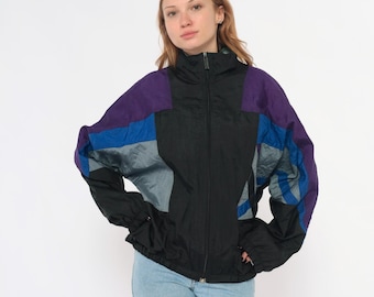 90er Colorblock Windbreaker Schwarz Lila Blau Grau Geometrisch Zip Up Trainingsjacke Athletisch Sportlich Vintage Gorpcore Y2K Streetwear Large L