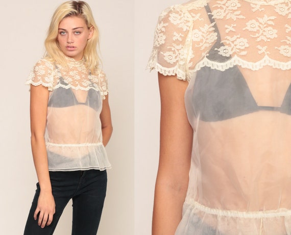 Sheer Lace Top 70s Boho Shirt PUFF SLEEVE Blouse White Victorian Blouse Romantic SCALLOPED 1970s Hippie See Through Bohemian Chic Small
