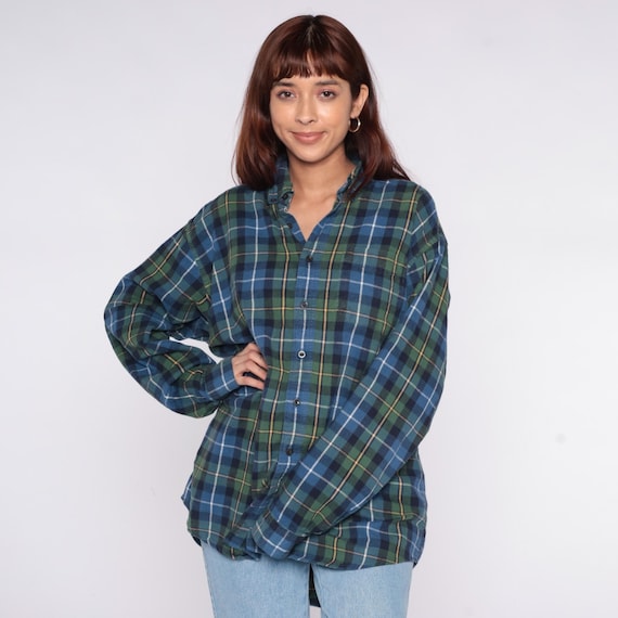 LL Bean Flannel Shirt 90s Plaid Cotton Button Front Blue Green White Yellow Long Sleeve Vintage Preppy Unisex Boyfriend Fit Extra Large XL