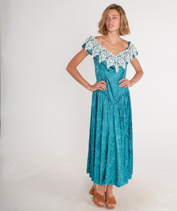 Floral Embossed Dress 80s Party Dress Teal Blue W… - image 3