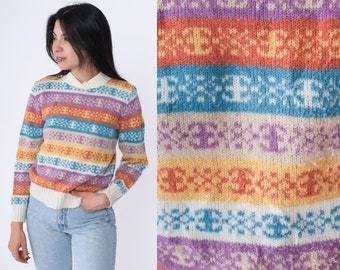 80s Nordic Sweater Snowflake Knit Striped Print 1980s Shawl Collar Purple Blue Cream Jumper Vintage Pullover Fair Isle Extra Small xs