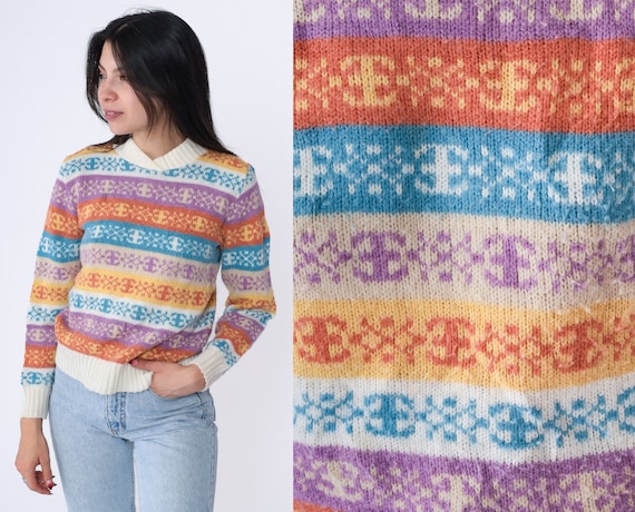 80s Nordic Sweater Snowflake Knit Striped Print 1980s Shawl Collar Purple Blue Cream Jumper Vintage Pullover Fair Isle Extra Small xs
