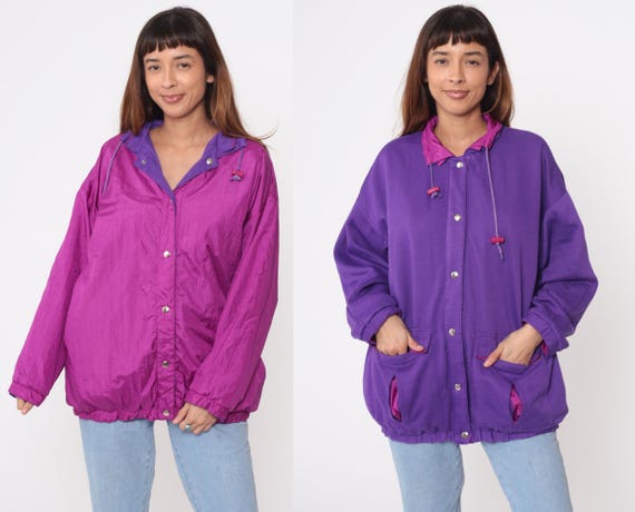 Reversible 80s Windbreaker Purple Pink Hooded Track Jacket Snap Button Front Athletic Vintage Sportswear Gorpcore Outdoor Training Medium M