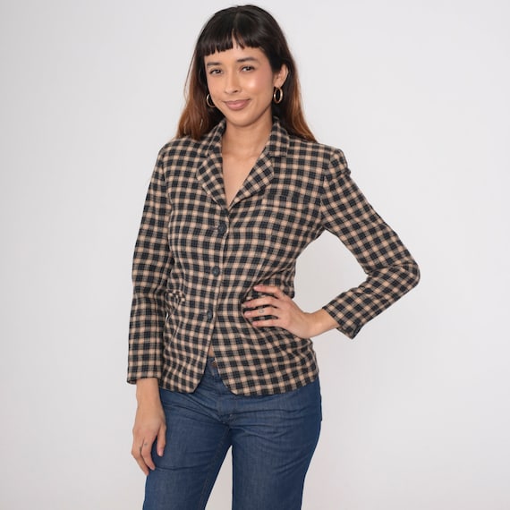 Black Checkered Blazer 90s Tan Wool Blend Button up Jacket Retro Preppy Tartan Academia Clueless Chic Office Vintage 1990s 2P Extra Small xs