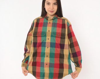 90s Plaid Flannel Shirt Lizwear Button Front Red Green Multicolor Check Cotton Long Sleeve Grunge Camp Lumberjack Unisex Vintage Medium M