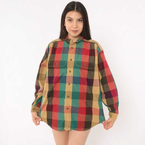 90s Plaid Flannel Shirt Lizwear Button Front Red Green Multicolor Check Cotton Long Sleeve Grunge Camp Lumberjack Unisex Vintage Medium M